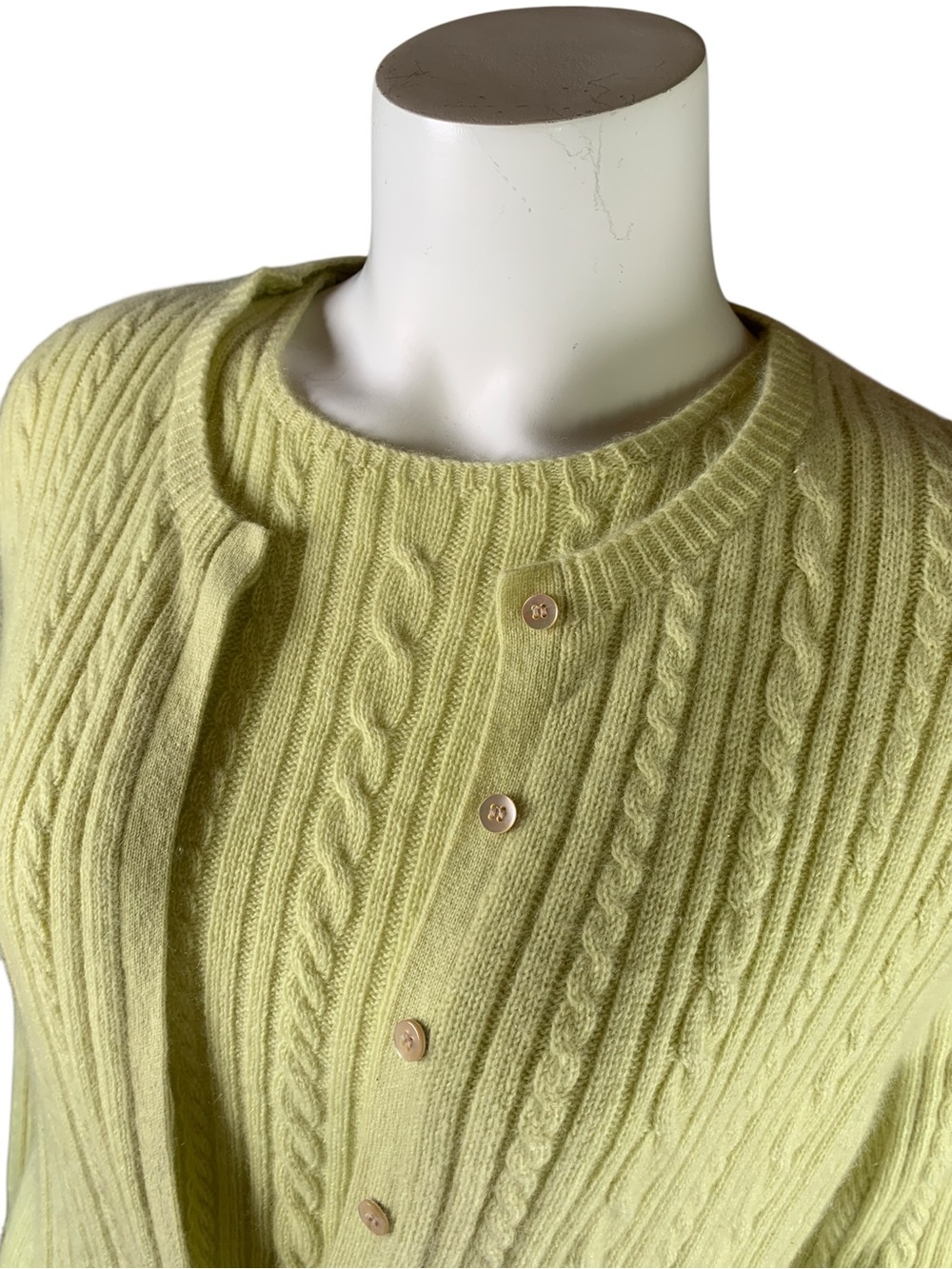 Vintage Anne Klein Pale Green Cashmere Cable Knit Twin Set Cardigan & Tank Top